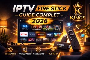 Guide complet IPTV Fire Stick 2026 montrant l’installation IPTV sur Amazon Fire Stick avec télécommande et interface streaming sur Smart TV