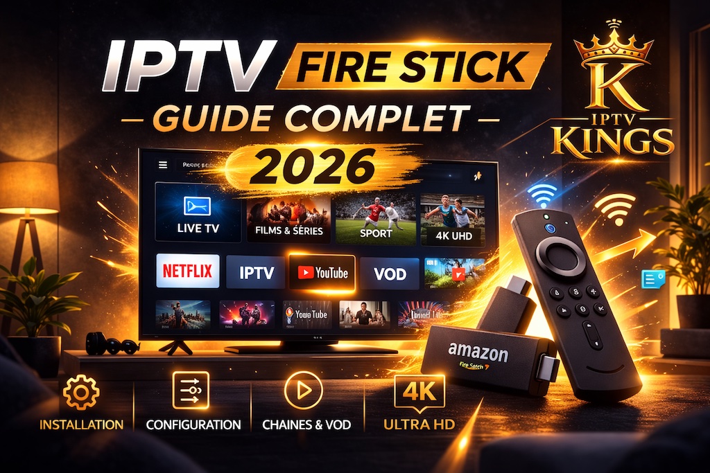 Guide complet IPTV Fire Stick 2026 montrant l’installation IPTV sur Amazon Fire Stick avec télécommande et interface streaming sur Smart TV