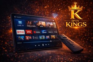 Illustration d’un lecteur IPTV sans publicité sur tablette avec télécommande et logo IPTV Kings